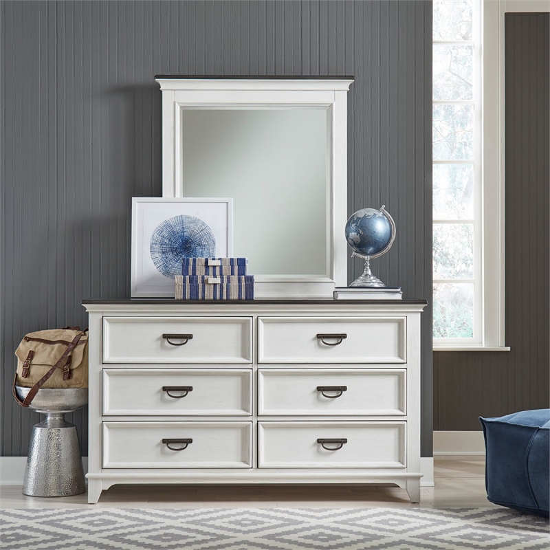 Pemberly Row 6 Drawer Bedroom Dresser and Mirror with Felt Lining in White