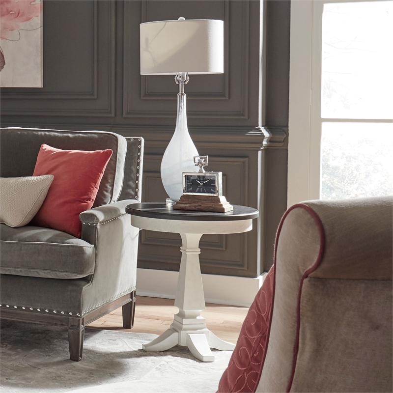 Pemberly Row Chairside Table with Pedestal Base and Shelf in White