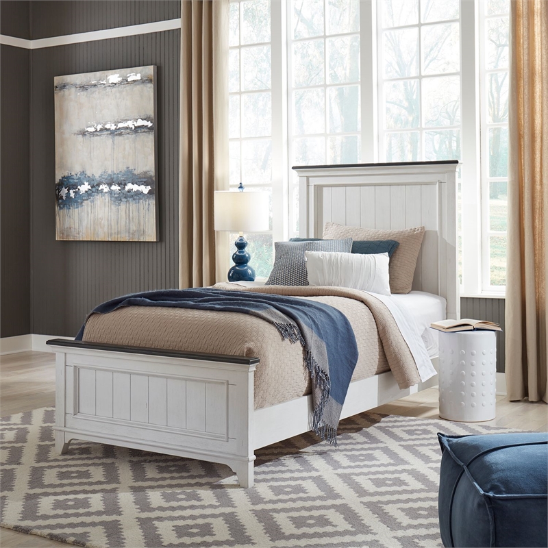 Pemberly Row Twin Panel Bed Frame in Wire-Brushed White and Charcoal