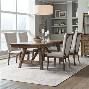 Pemberly Row 5 Piece Trestle Table Set with Upholstered Chairs in Brown