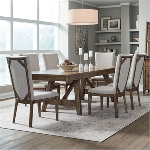 Pemberly Row 7 Piece Trestle Table Set with Upholstered Chairs in Brown