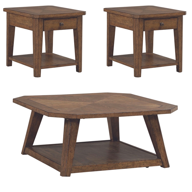 Pemberly Row 3 Piece Octagonal Cocktail and End Table Set in Brown