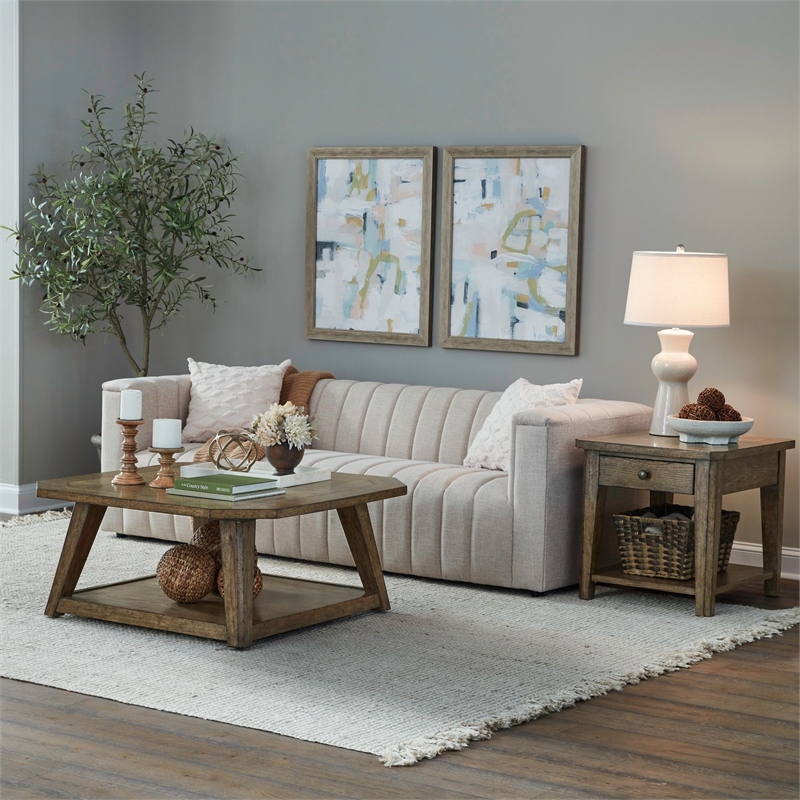 Pemberly Row 3 Piece Octagonal Cocktail and End Table Set in Brown