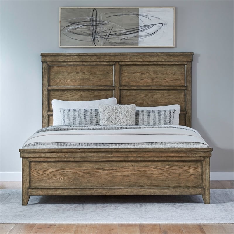 Pemberly Row Queen Panel Bed with Dresser Mirror and Chest in Brown