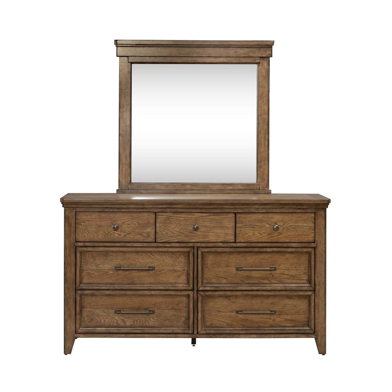 Pemberly Row Queen Panel Bed with Dresser Mirror and Chest in Brown