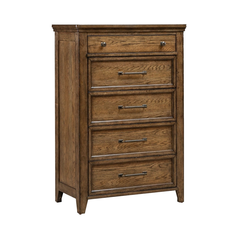 Pemberly Row Queen Panel Bed with Dresser Mirror and Chest in Brown