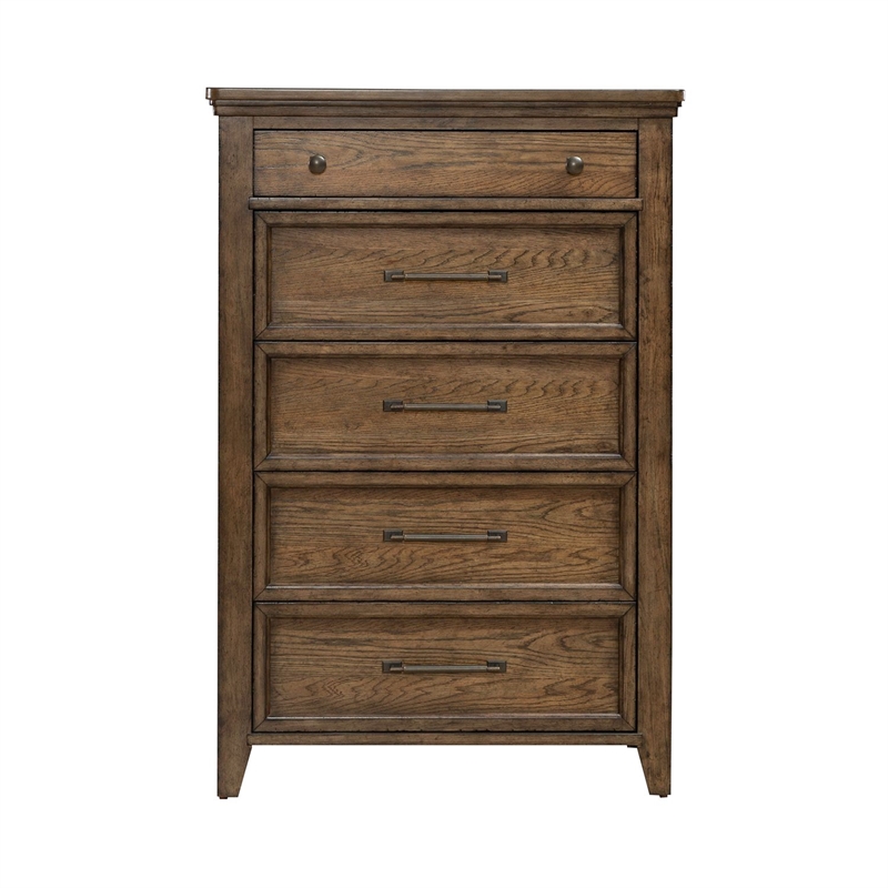 Pemberly Row Queen Panel Bed with Dresser Mirror and Chest in Brown