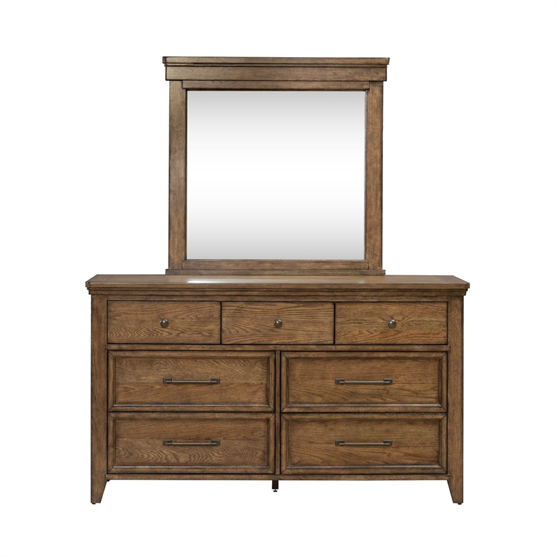 Pemberly Row Queen Panel Bed with Dresser and Mirror in Brown