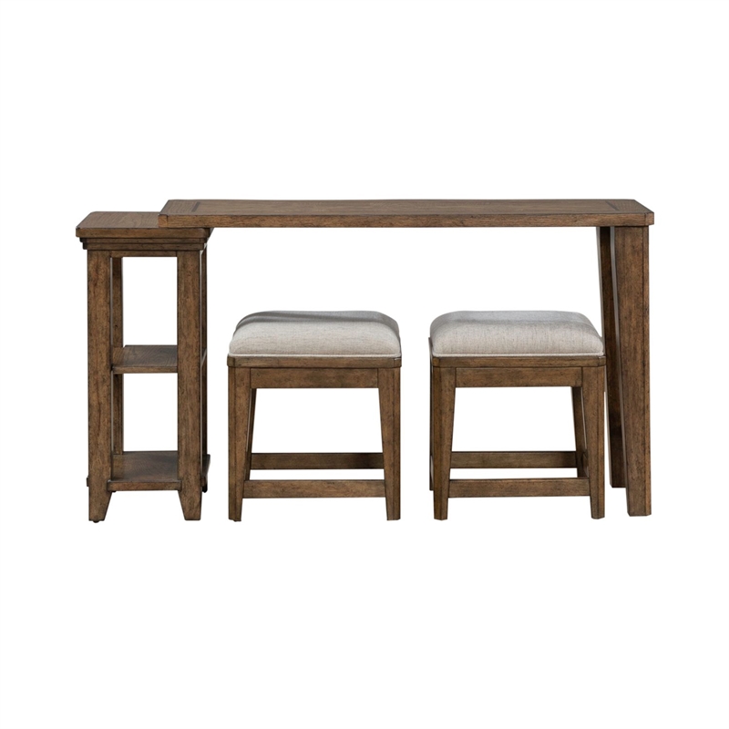 Pemberly Row 4 Piece Console Table Set with Upholstered Stools in Brown