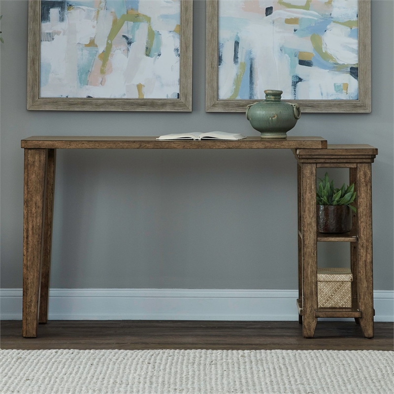 Pemberly Row 4 Piece Console Table Set with Upholstered Stools in Brown