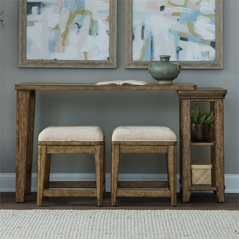 Pemberly Row 4 Piece Console Table Set with Upholstered Stools in Brown