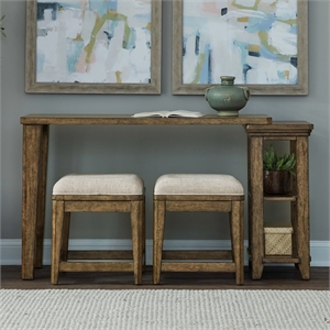 Pemberly Row 4 Piece Console Table Set with Upholstered Stools in Brown