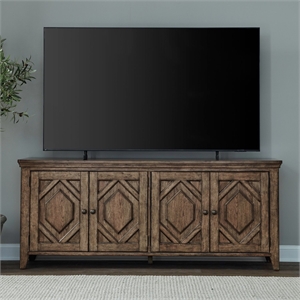 Pemberly Row 78 Inch TV Console with Hexagon Overlay Doors in Brown