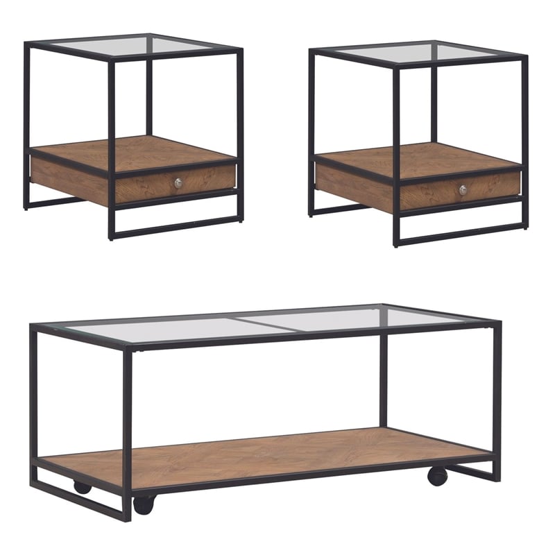 Pemberly Row 3 Piece Glass Top Cocktail and End Table Set in Weathered Oak
