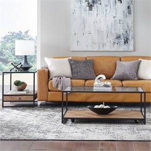 Pemberly Row 3 Piece Glass Top Cocktail and End Table Set in Weathered Oak