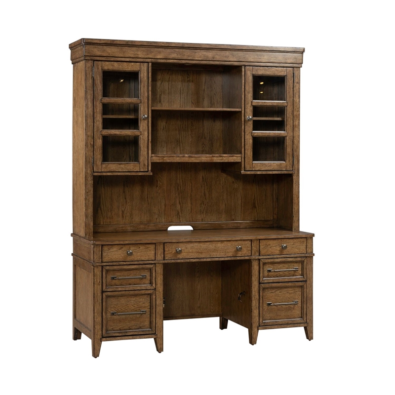 Pemberly Row Credenza and Hutch Desk Set with LED Lighting in Brown