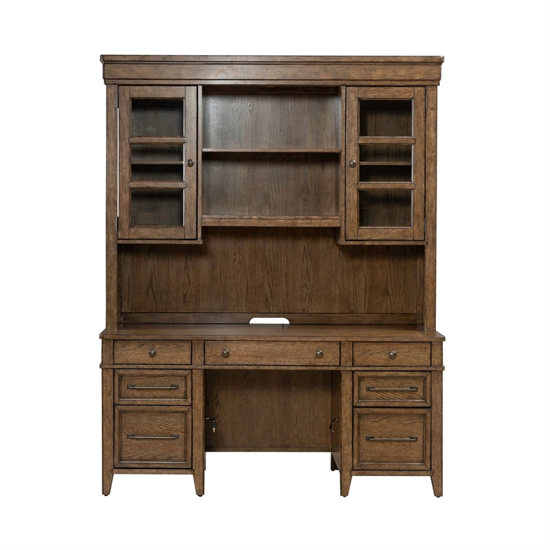 Pemberly Row Credenza and Hutch Desk Set with LED Lighting in Brown