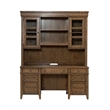 Pemberly Row Credenza and Hutch Desk Set with LED Lighting in Brown