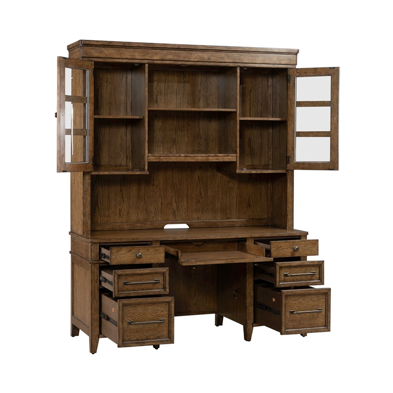 Pemberly Row Credenza and Hutch Desk Set with LED Lighting in Brown