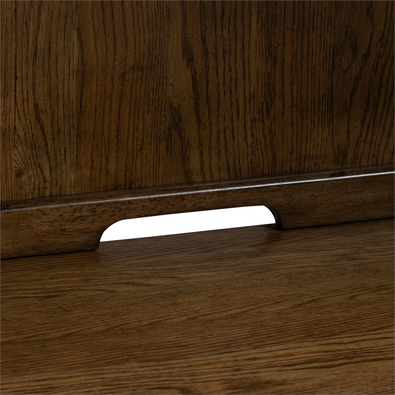 Pemberly Row Credenza and Hutch Desk Set with LED Lighting in Brown