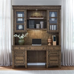 Pemberly Row Credenza and Hutch Desk Set with LED Lighting in Brown