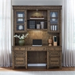 Pemberly Row Credenza and Hutch Desk Set with LED Lighting in Brown