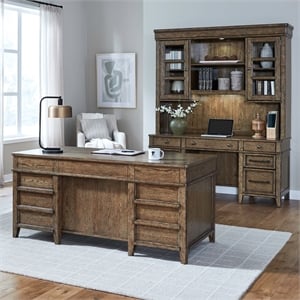 Pemberly Row 5 Piece Jr Executive Desk Set with Credenza and Hutch in Brown