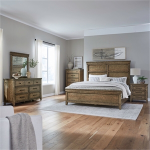 Pemberly Row Queen Panel Bed with Dresser Mirror Chest and Nightstand in Brown