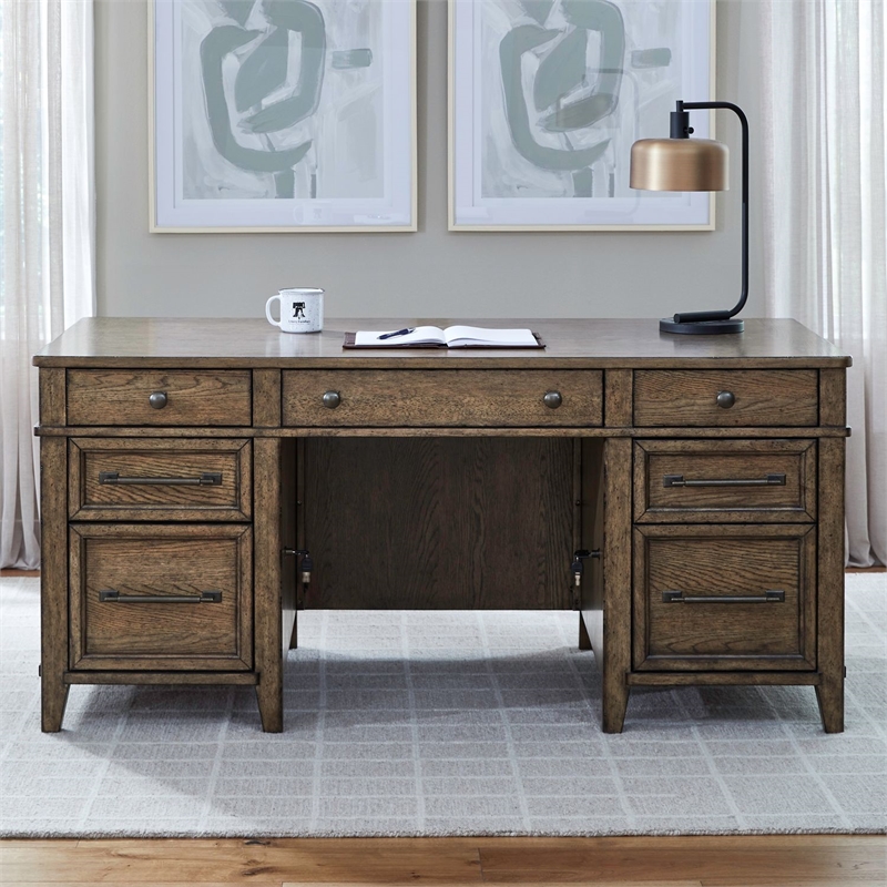 Pemberly Row Jr Executive Desk with Locking File Drawers in Amber Brown
