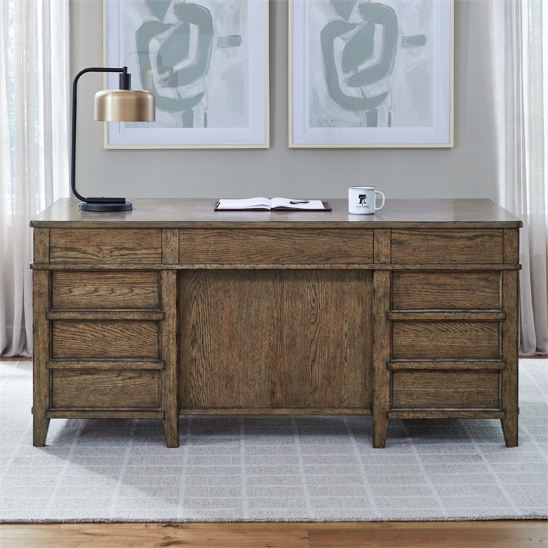 Pemberly Row Jr Executive Desk with Locking File Drawers in Amber Brown