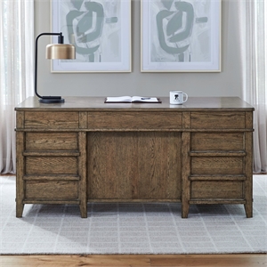 Pemberly Row Jr Executive Desk with Locking File Drawers in Amber Brown