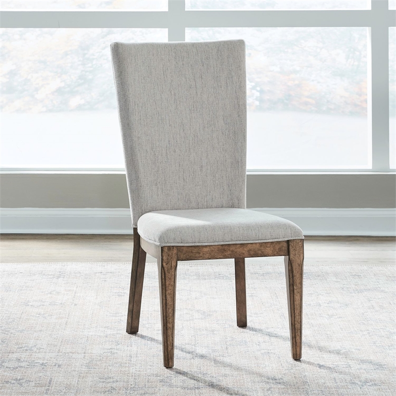 Pemberly Row Upholstered Side Chairs with Angled Wood Back Set of 2 in Brown