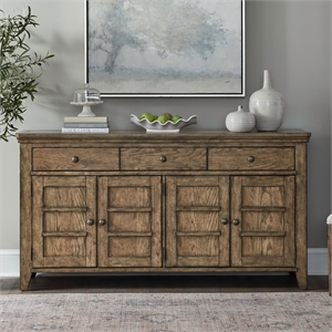 Pemberly Row Dining Server with Felt Lined Drawers and Overlay Doors in Brown