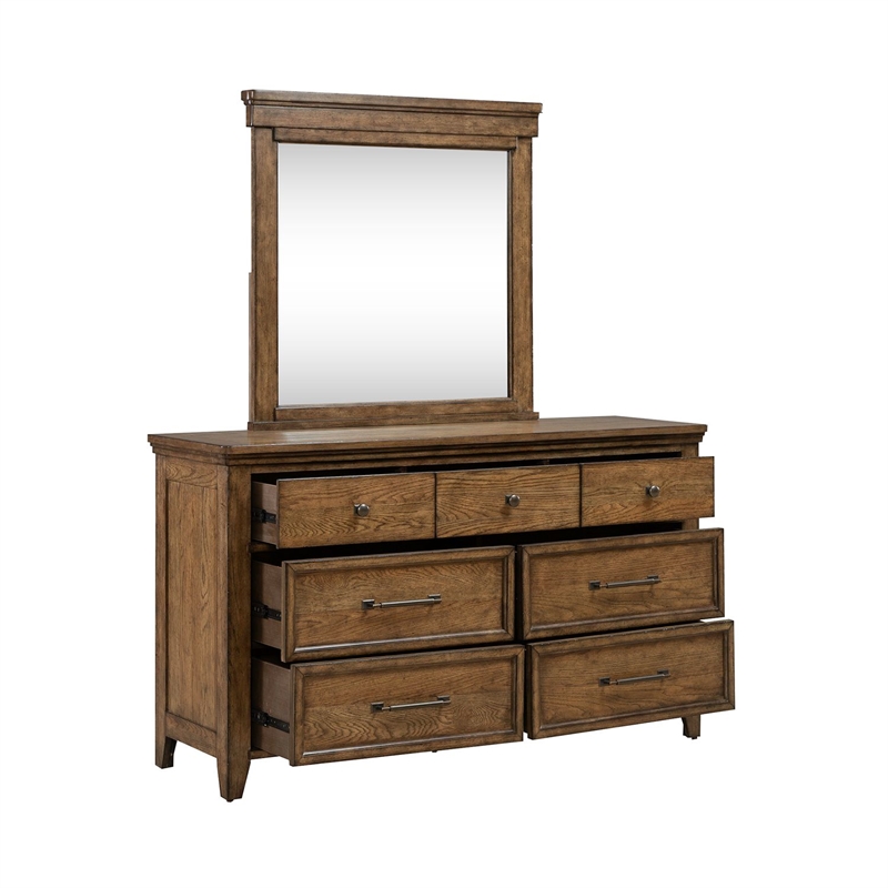Pemberly Row 7 Drawer Bedroom Dresser and Mirror with Felt Drawers in Brown
