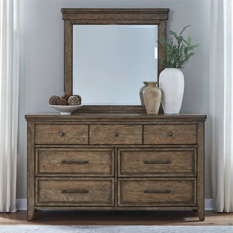 Pemberly Row 7 Drawer Bedroom Dresser and Mirror with Felt Drawers in Brown