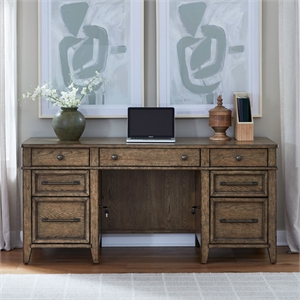 Pemberly Row Jr Executive Credenza Desk with Locking File Drawers in Brown