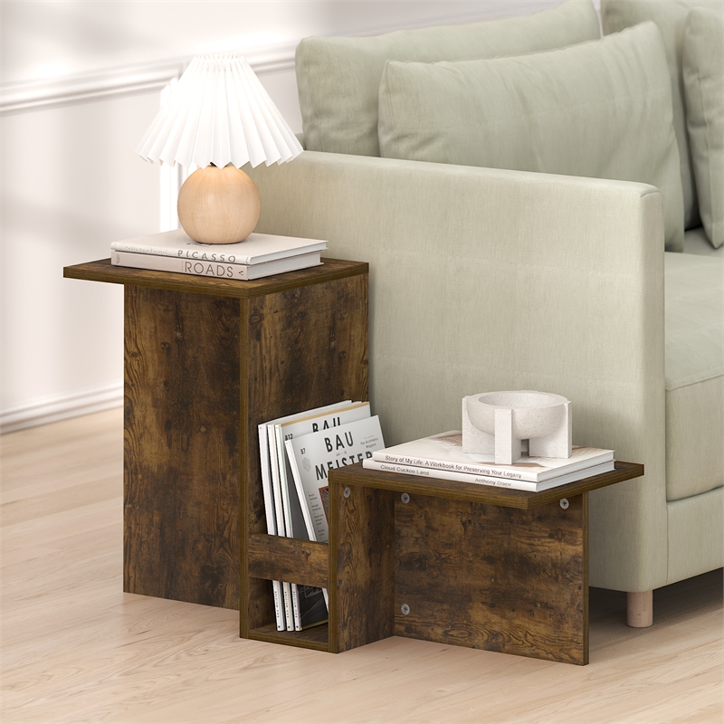 Pemberly Row Valley Shaped End Table Tiered Levels Shelf in Amber Pine