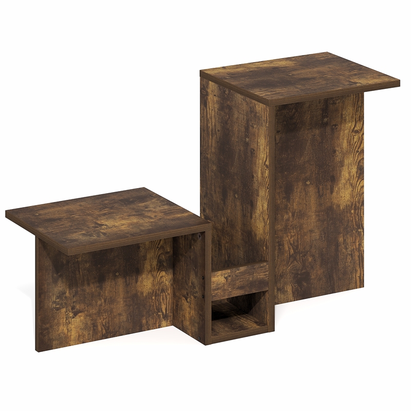 Pemberly Row Valley Shaped End Table Tiered Levels Shelf in Amber Pine