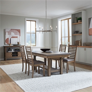 Pemberly Row 5 Piece Trestle Table Set with Ladder Back Chairs in Brown