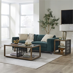 Pemberly Row 3 Piece Cocktail and End Table Set with Glass Tops in Brown