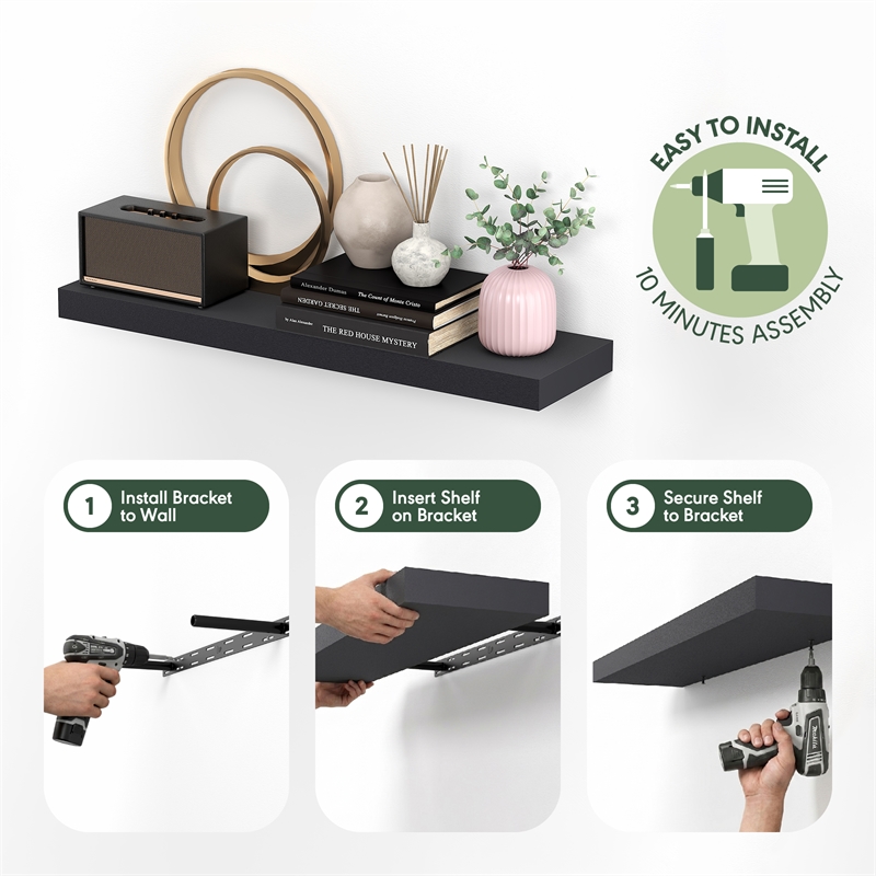 Pemberly Row 12 x 35 2-in Thick Invisible Brackets Floating Shelf in Americano