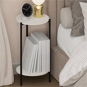 Pemberly Row 2-Tier Tall Metal Legs Round Open Shelf Nightstand in White