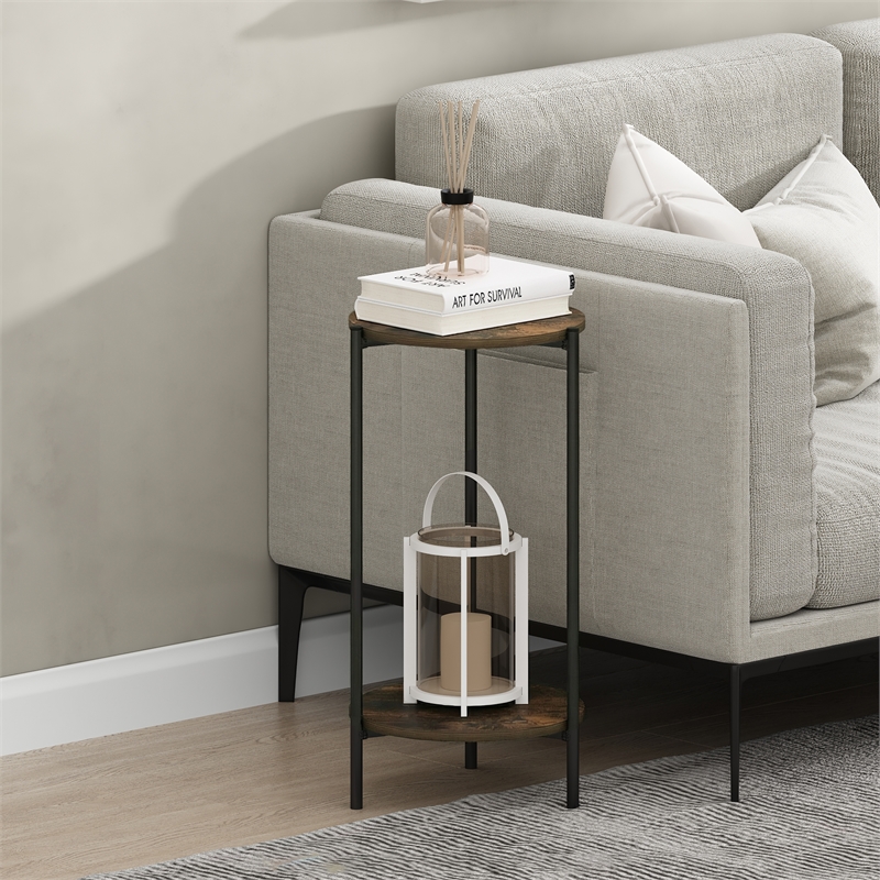 Pemberly Row 2-Tier Round Narrow Metal Frame Metal Legs End Table in Amber Pine