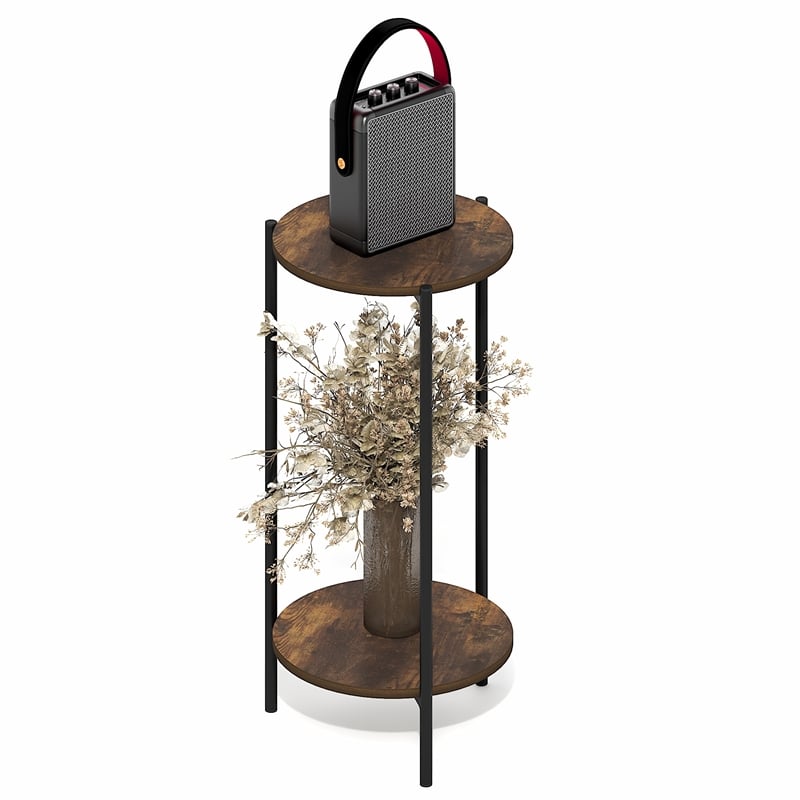 Pemberly Row 2-Tier Round Narrow Metal Frame Metal Legs End Table in Amber Pine