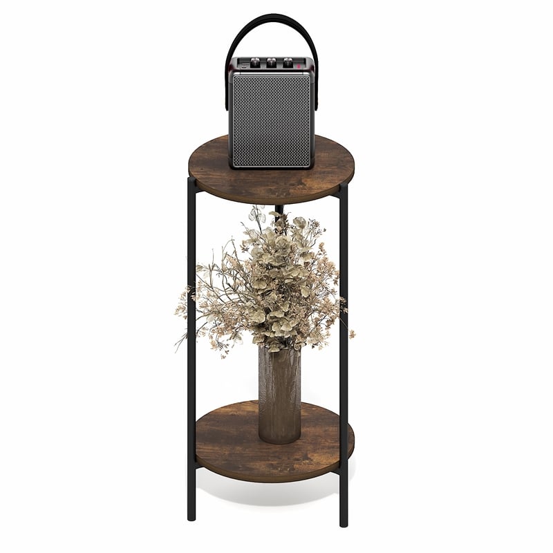 Pemberly Row 2-Tier Round Narrow Metal Frame Metal Legs End Table in Amber Pine