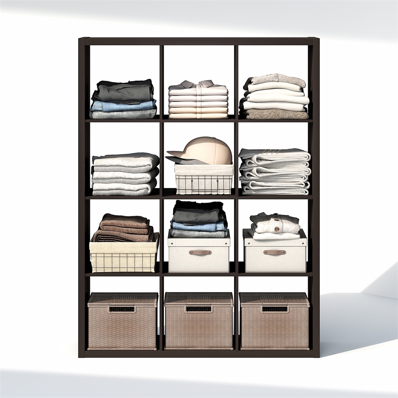 Pemberly Row 12-Cube Open Shelf Extra Thick Frame in Black Dark Oak