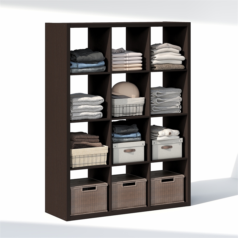 Pemberly Row 12-Cube Open Shelf Extra Thick Frame in Black Dark Oak