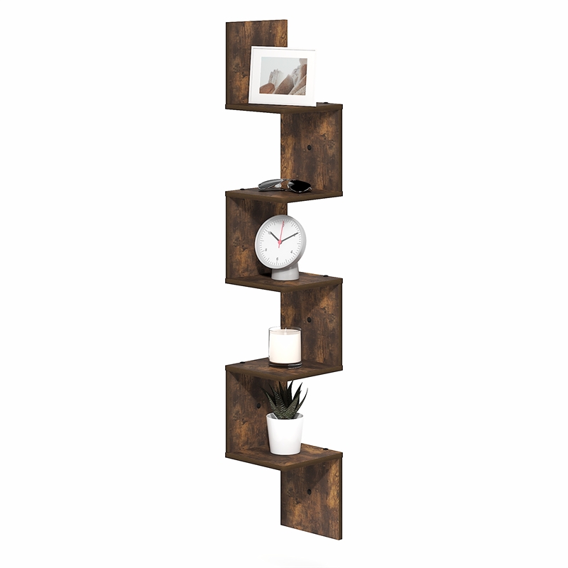 Pemberly Row 5-Tier Corner S-shape Radial Floating Book Shelf in Amber Pine
