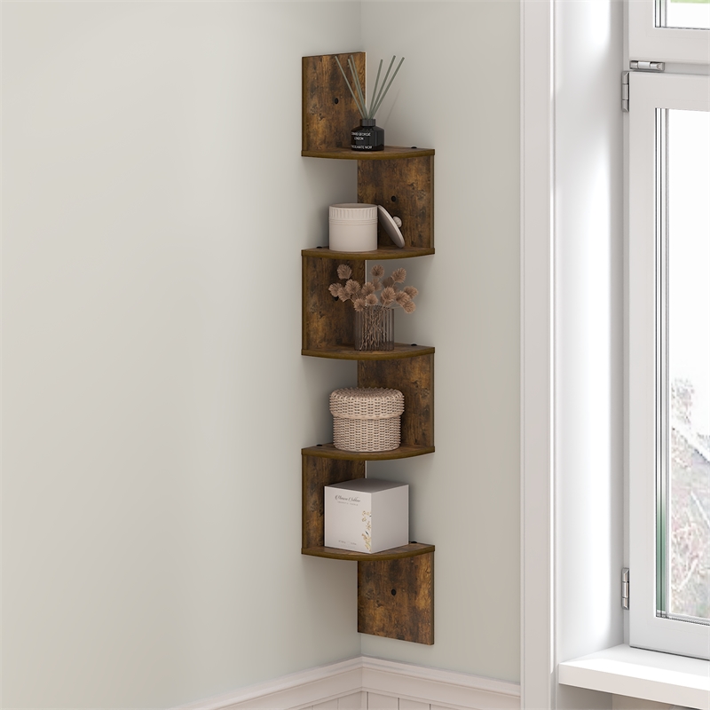 Pemberly Row 5-Tier Zigzag Corner Shelf Wall Mounted in Amber Pine