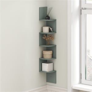 Pemberly Row 5-Tier Zigzag Corner Wall Shelf Floating Bookcase in Sage Green